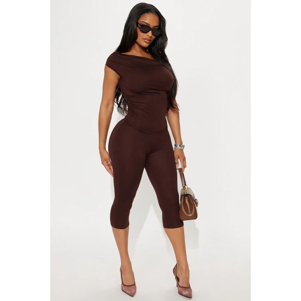 Fashion Nova New Havana Off Shoulder Capri Pant Set Chocolate Two Piece Classy
